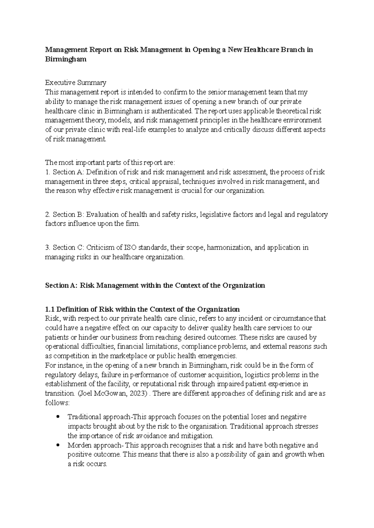 Management Report: Risk Management for New Healthcare Branch in ...