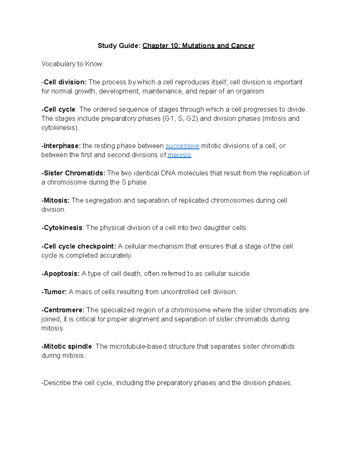 Study Guide: Chapter 10 (BIO101) - Mutations and Cancer Concepts ...