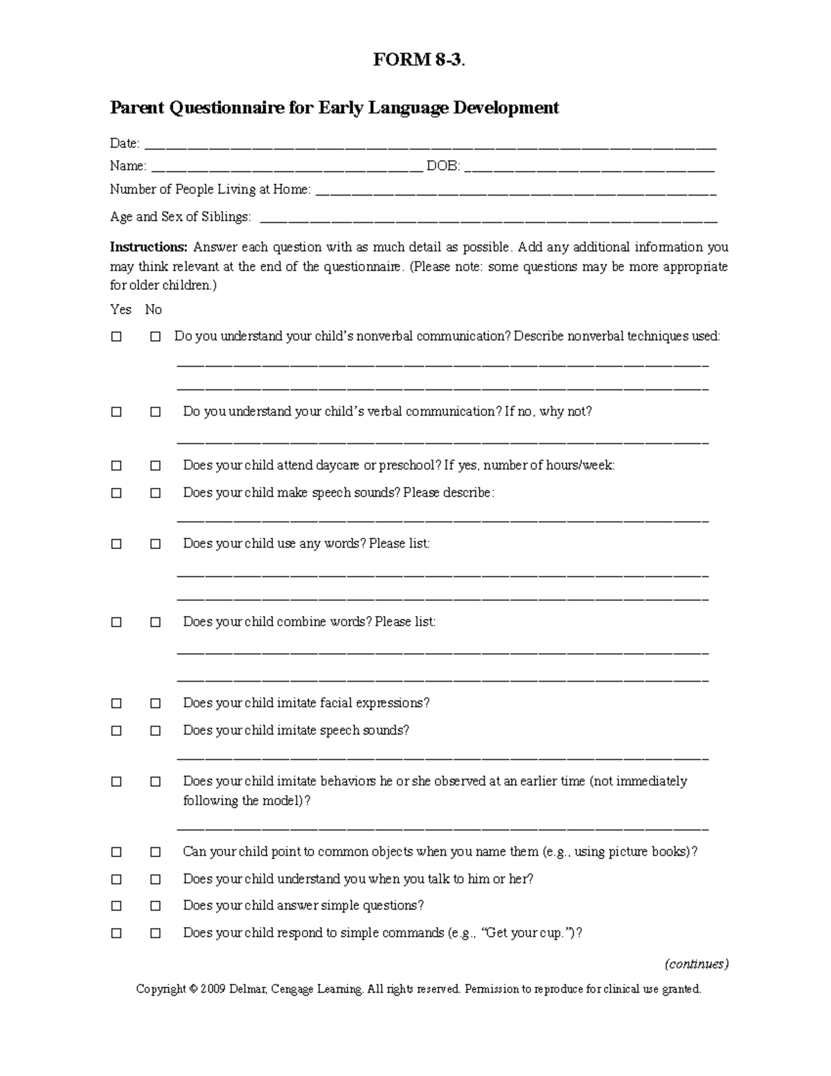 Parent Questionnaire for Early Language Development (Form 8-3) - Studocu