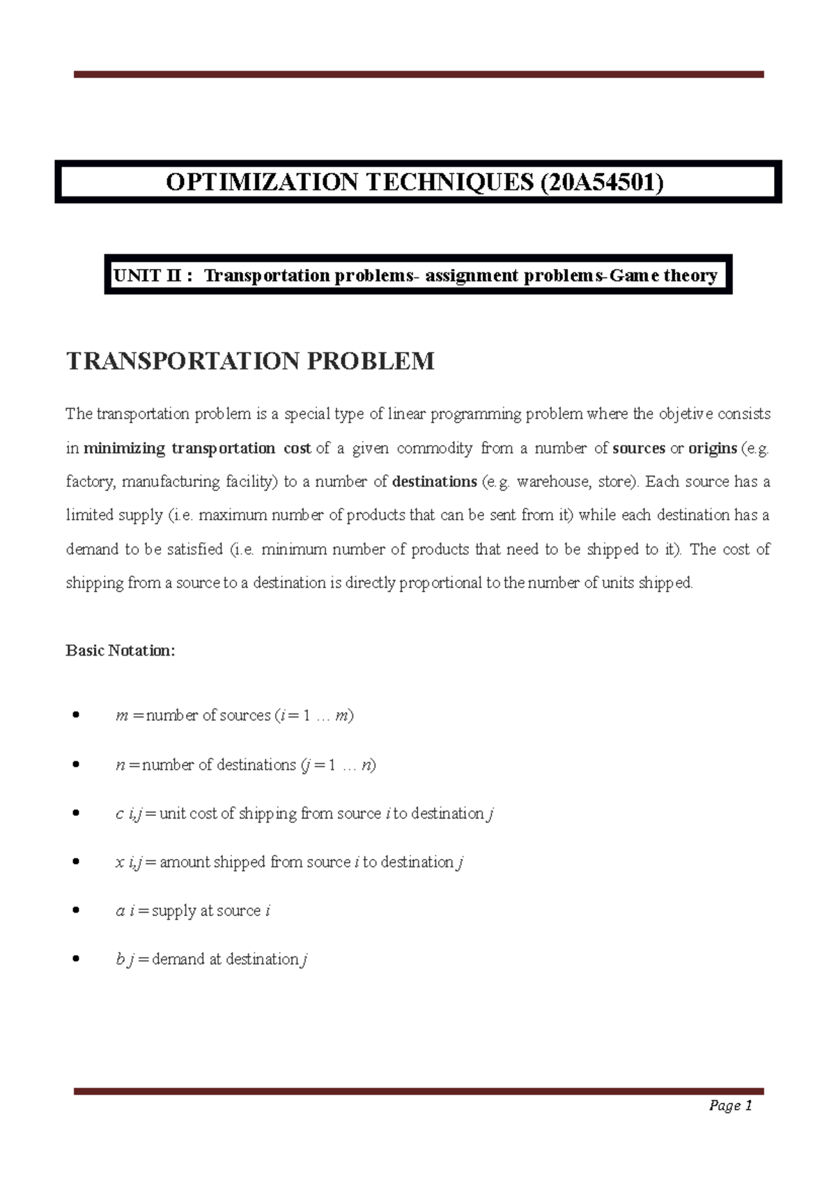 OT 20A54501 UNIT II - Transportation and Assignment Problem Insights ...