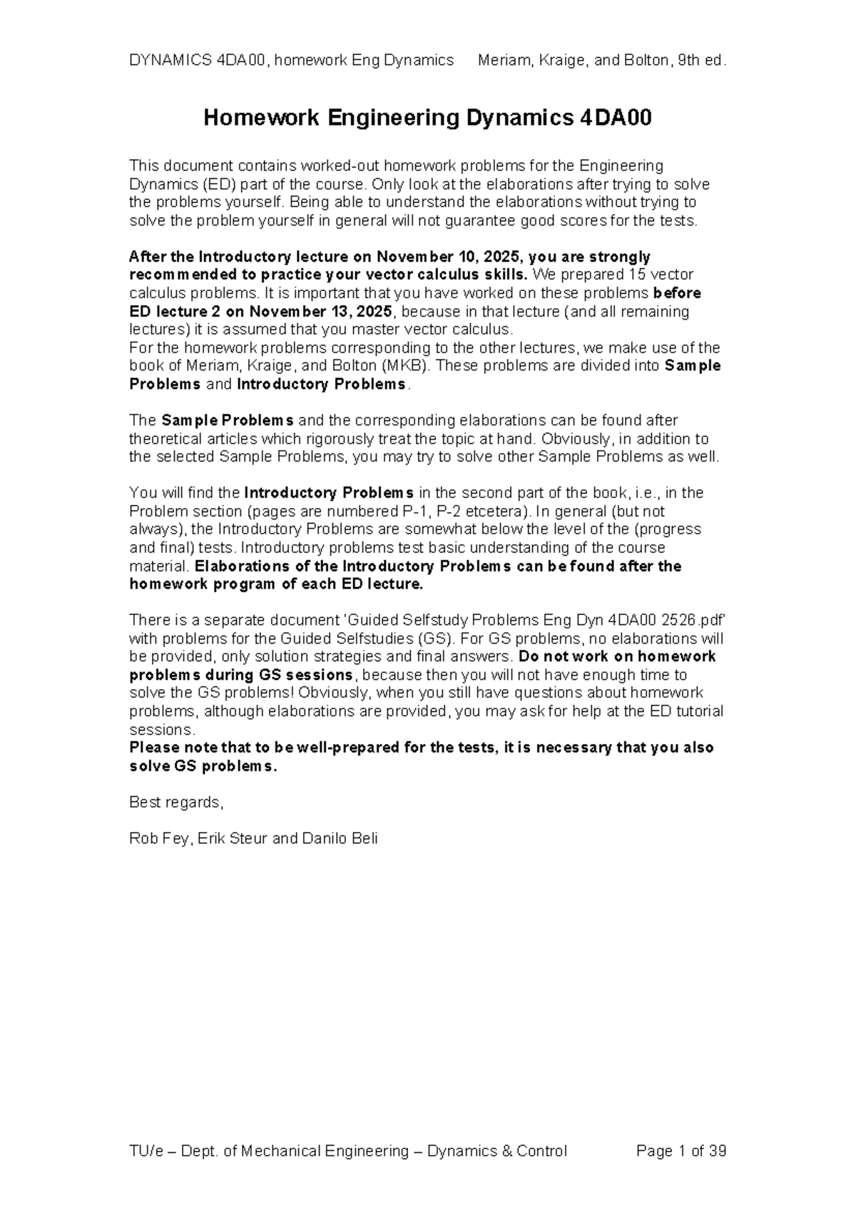 Homework Problems Eng Dyn 4DA00 2526 - Homework Engineering Dynamics ...