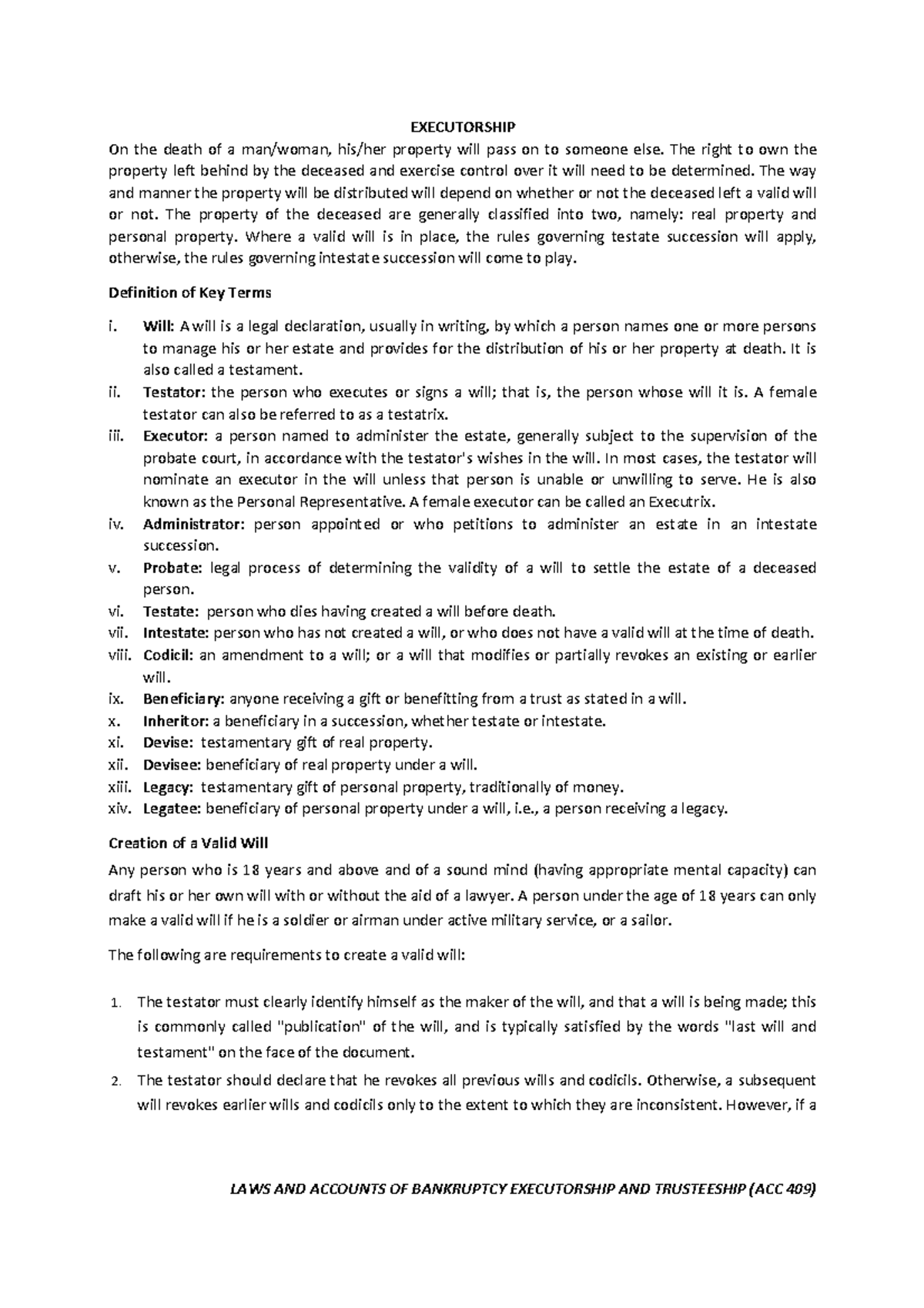 LAWS AND ACCOUNTS OF BANKRUPTCY: EXECUTORSHIP (ACC 409) Overview and ...
