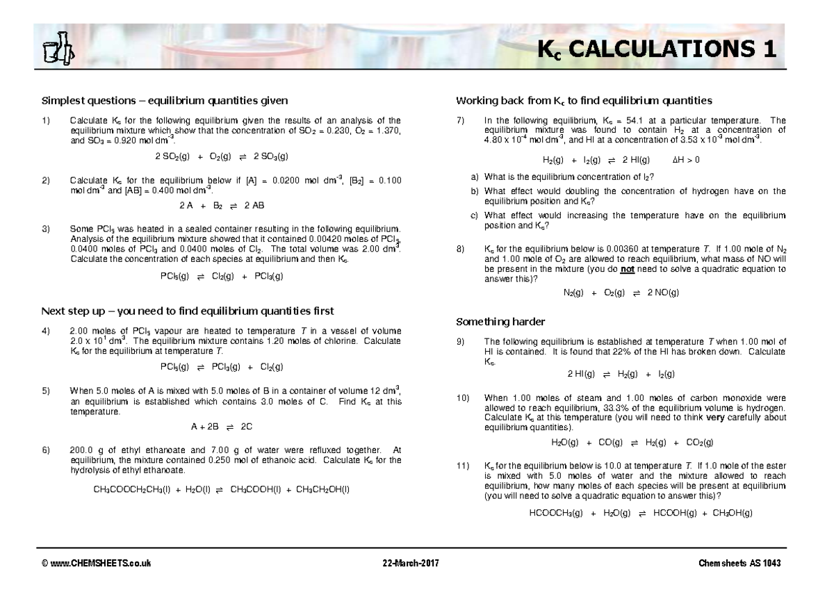 Kc Calculations - Equilibrium Quantities and Analysis for AS 1043 - Studocu
