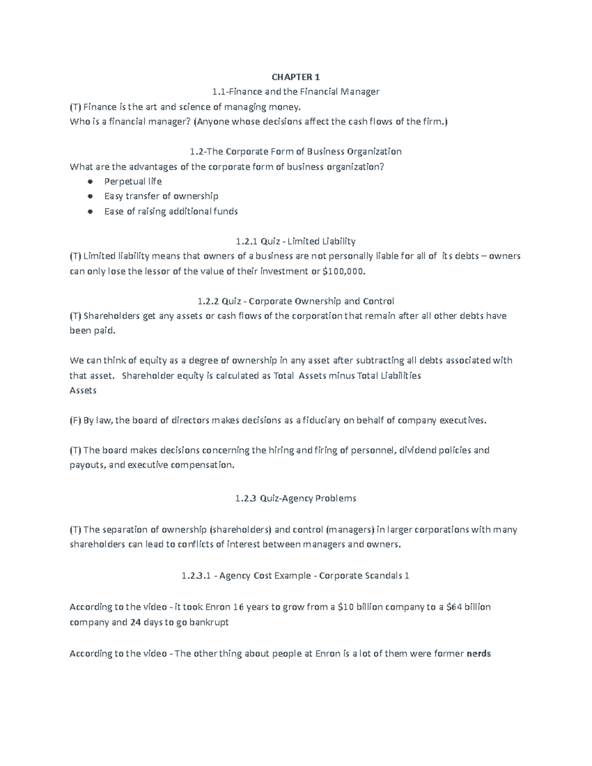 Fina study guide exam 1 - review for the exam - CHAPTER 1 1-Finance and ...