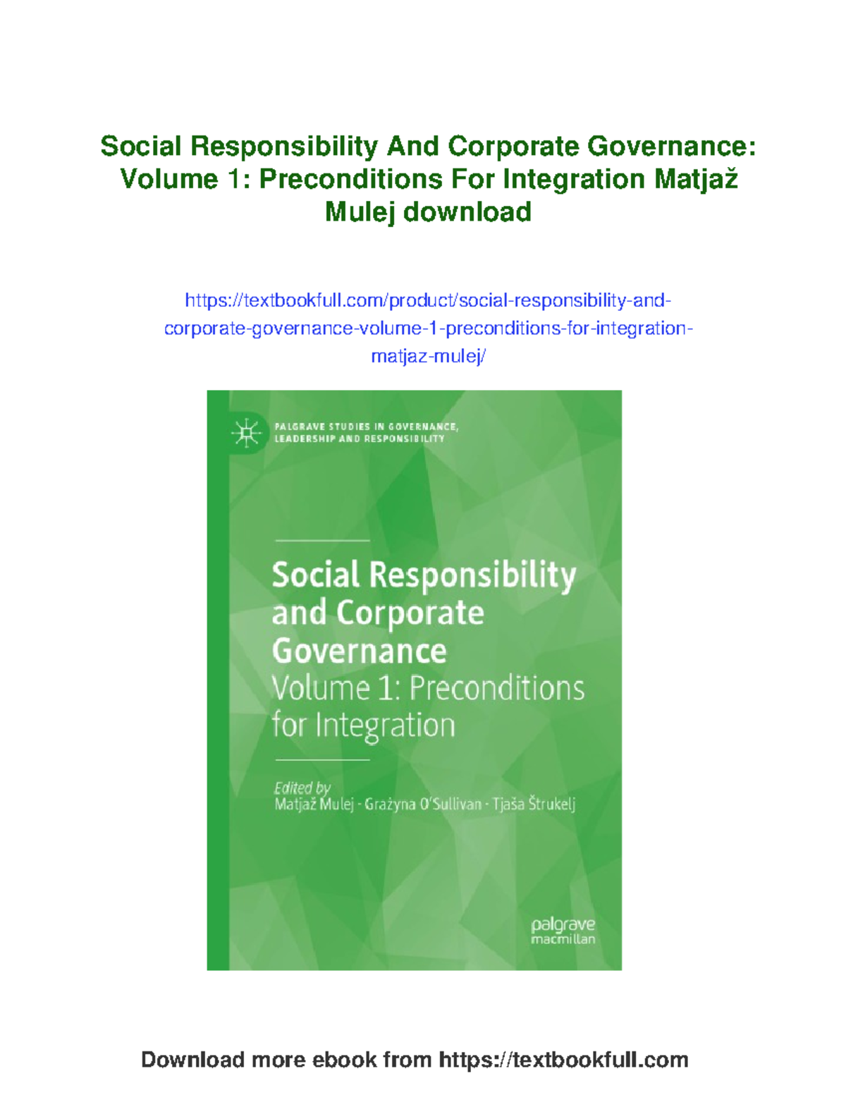 Social Responsibility and Corporate Governance: Volume 1 Insights - Studocu
