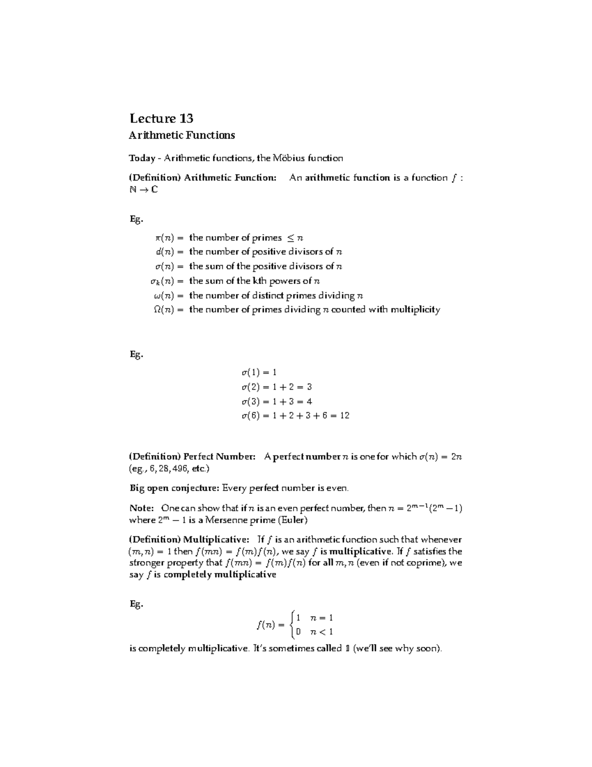 Theory Of Numbers Lecture 13 - Lecture 13 Arithmetic Functions Today ...