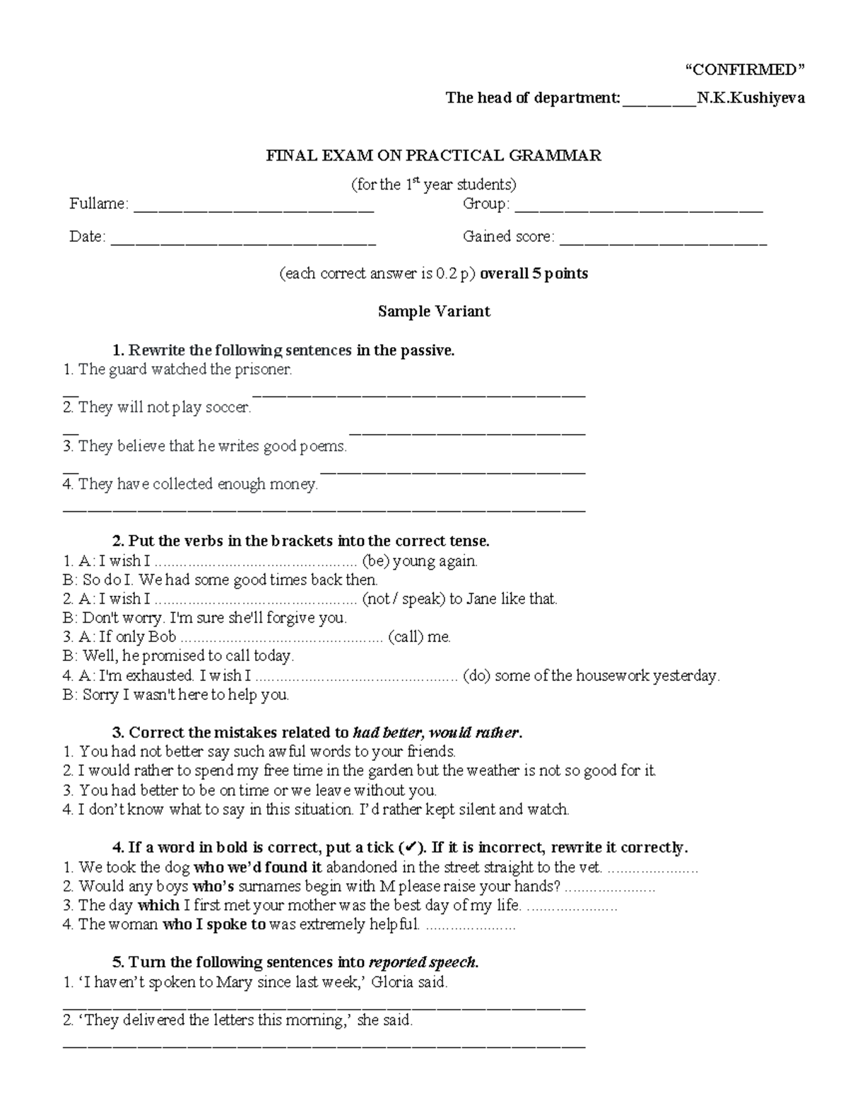 Final Exam on Practical Grammar (1st Year) - Sample Variant - Studocu