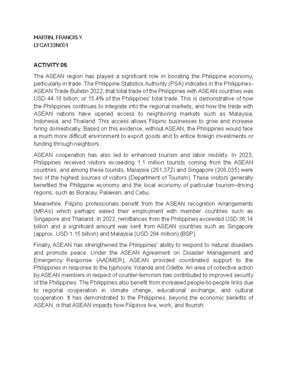 LFCA133N001 Activity 05: Impact of ASEAN on Philippine Economy and ...