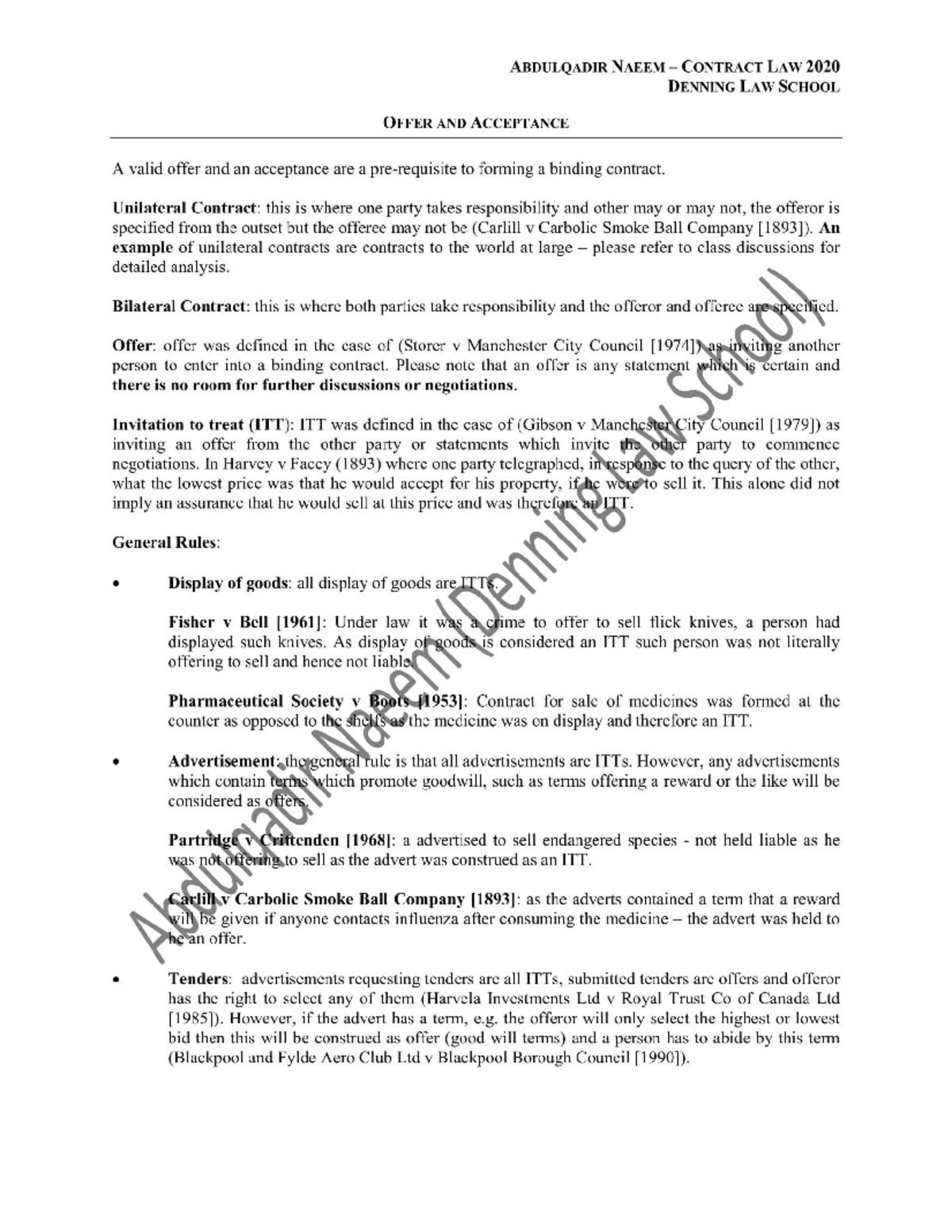 Contract Law Lecture 1: Understanding Offer and Acceptance - Studocu