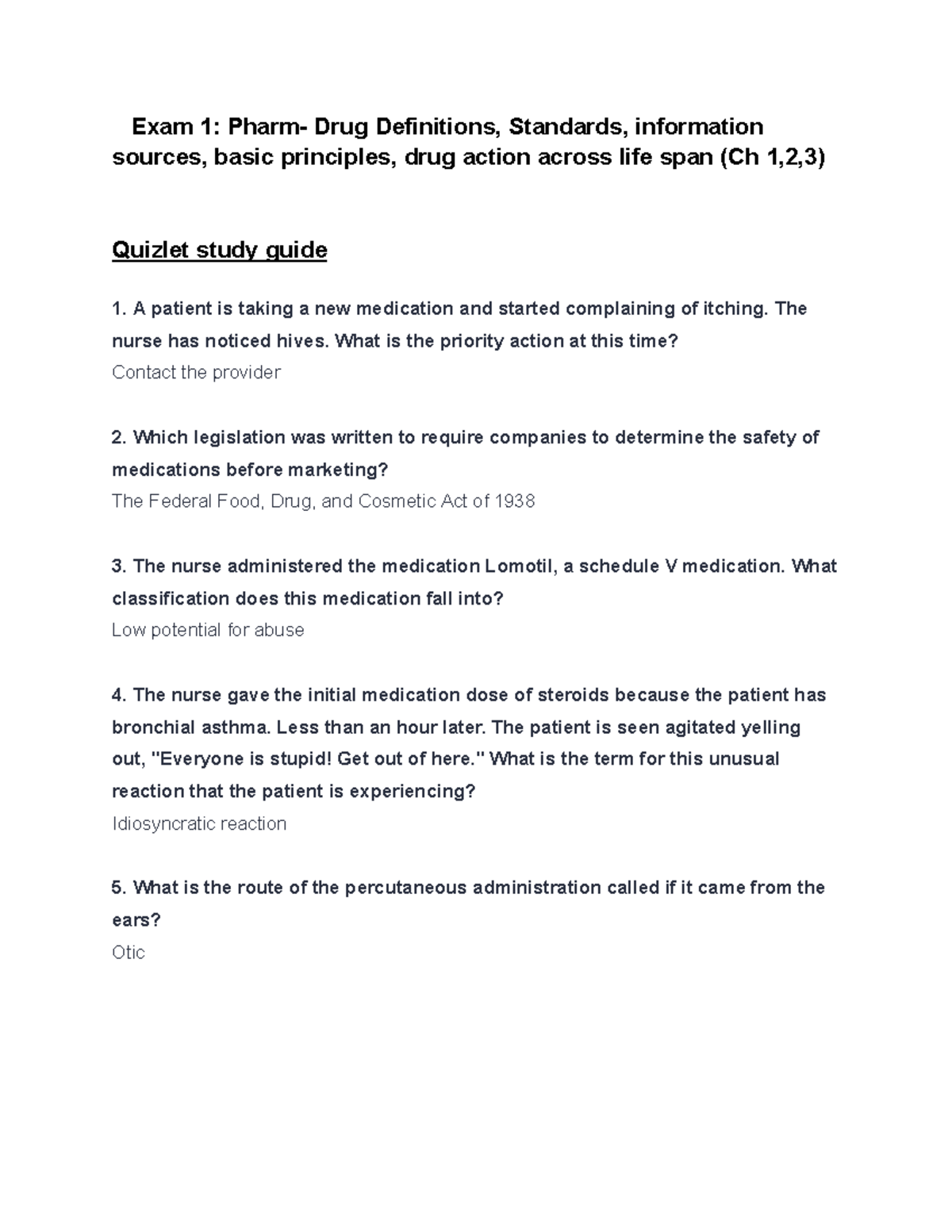 Pharm 101: Exam 1 Study Guide - Drug Definitions & Standards (Ch 1-3 ...