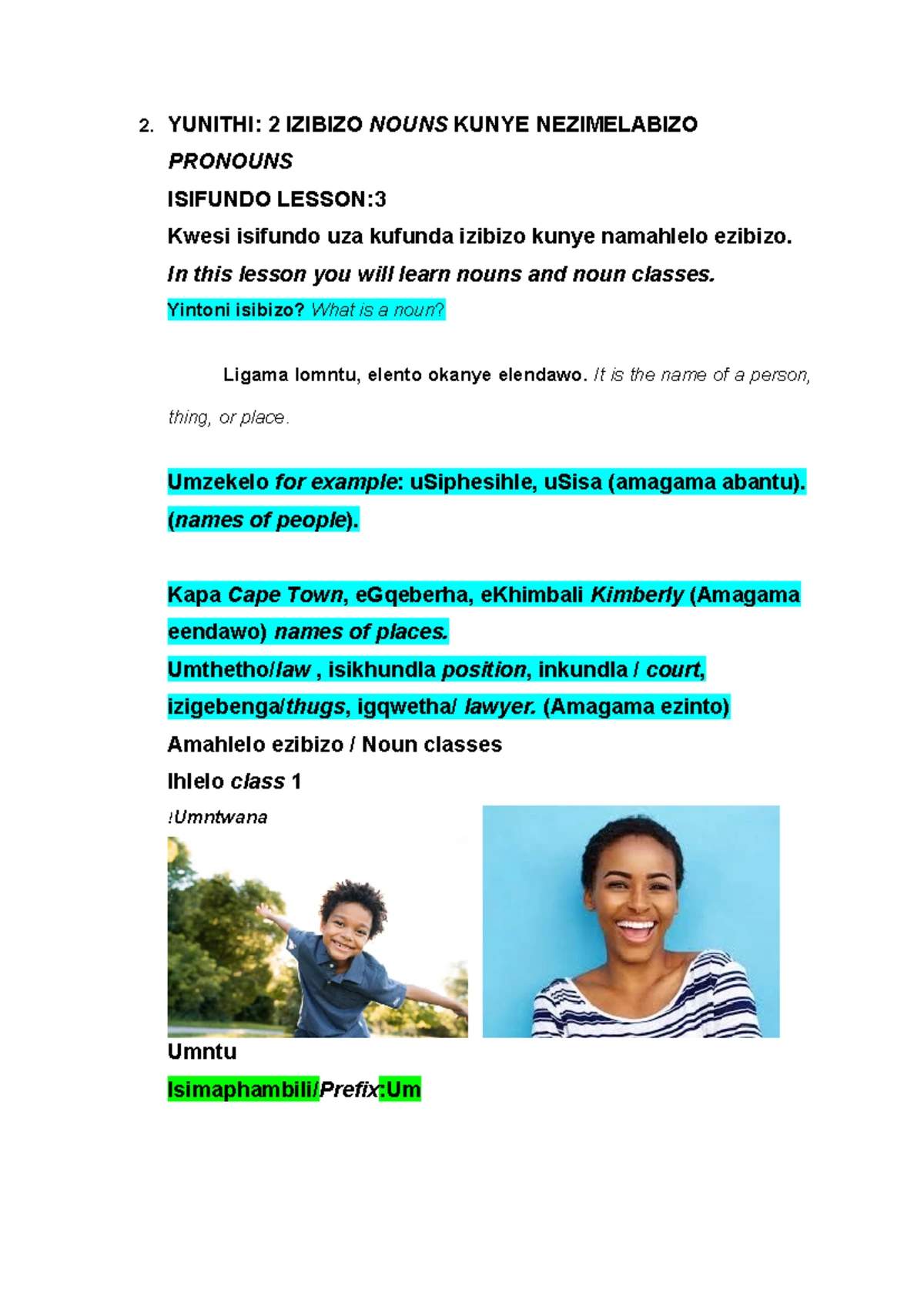 Isi Xhosa for Law Lesson 2: Izibizo Nouns and Noun Classes 2025 - Studocu