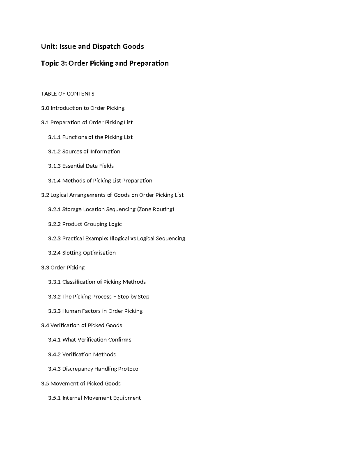Order Picking & Preparation: Issue & Dispatch Goods Topic 3 - Studocu