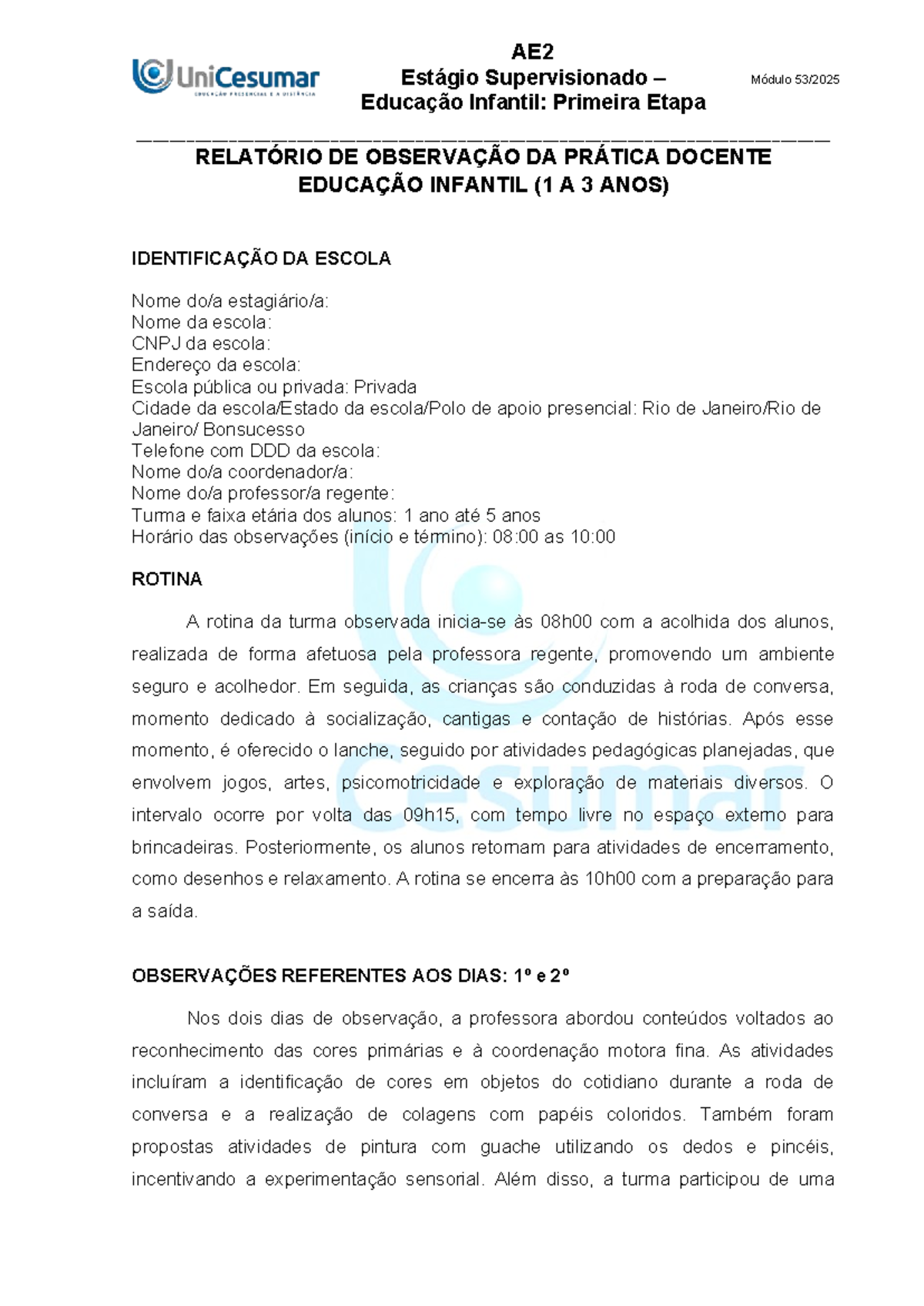 Relatório de Observação da Prática Docente - AE2 Educação Infantil ...