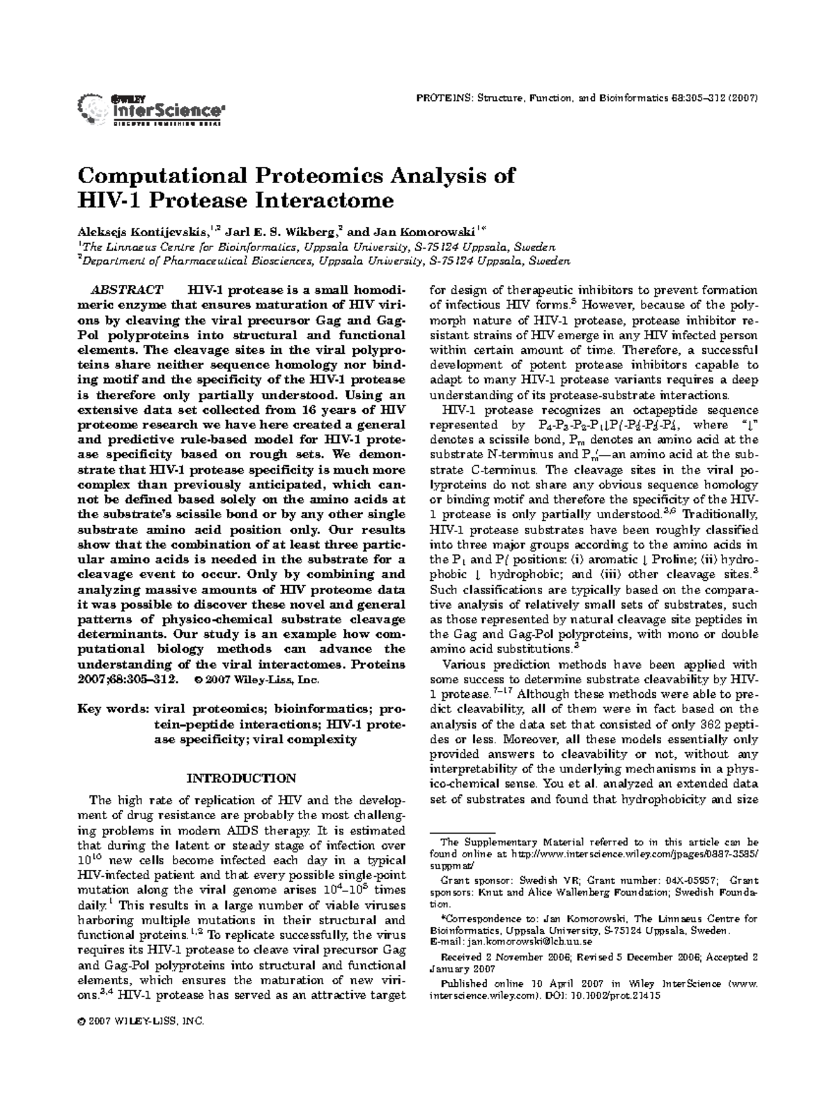 Computational Proteomics Analysis of HIV-1 Protease Interactome (2007 ...