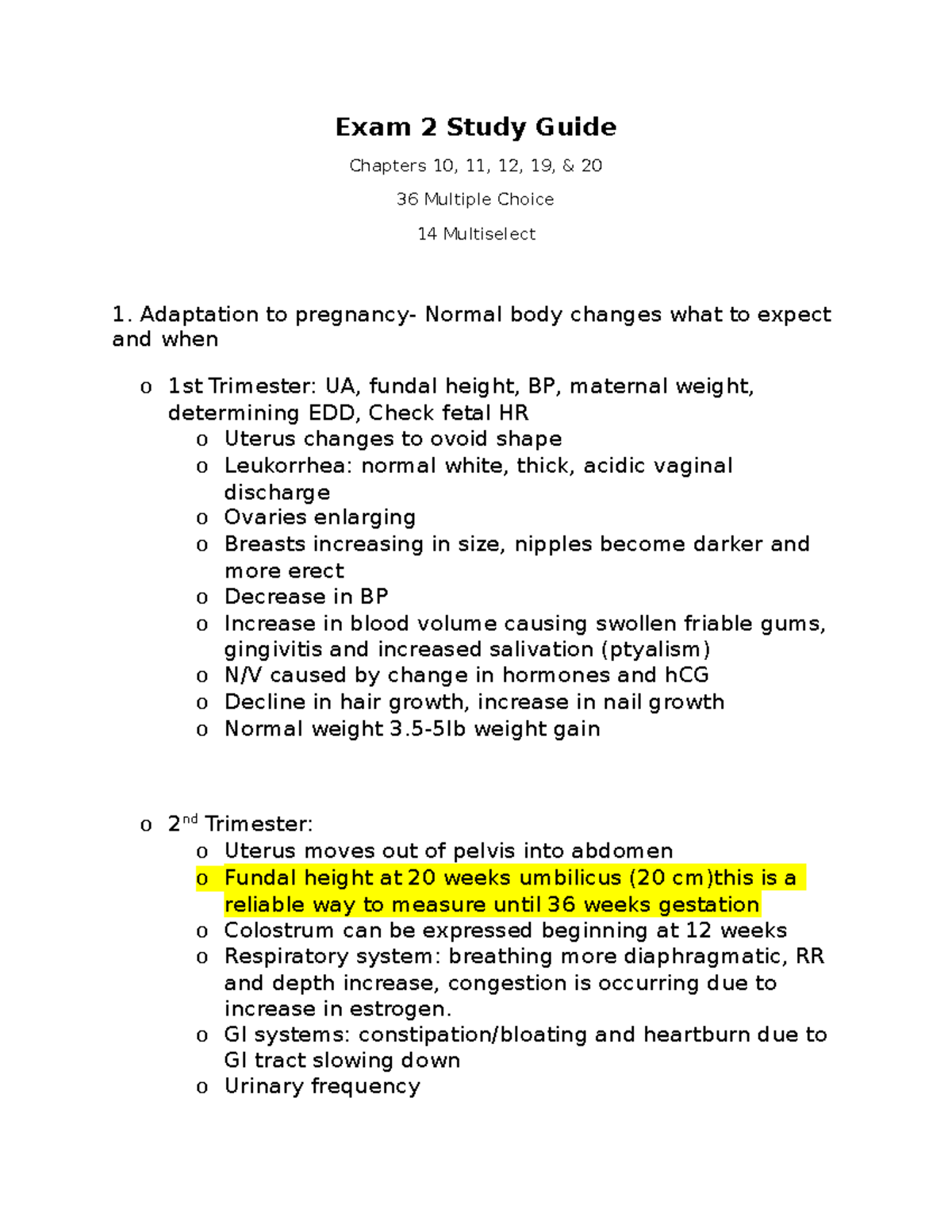 Exam 2 Study Guide: Pregnancy Adaptations, Fetal Development & Risks ...