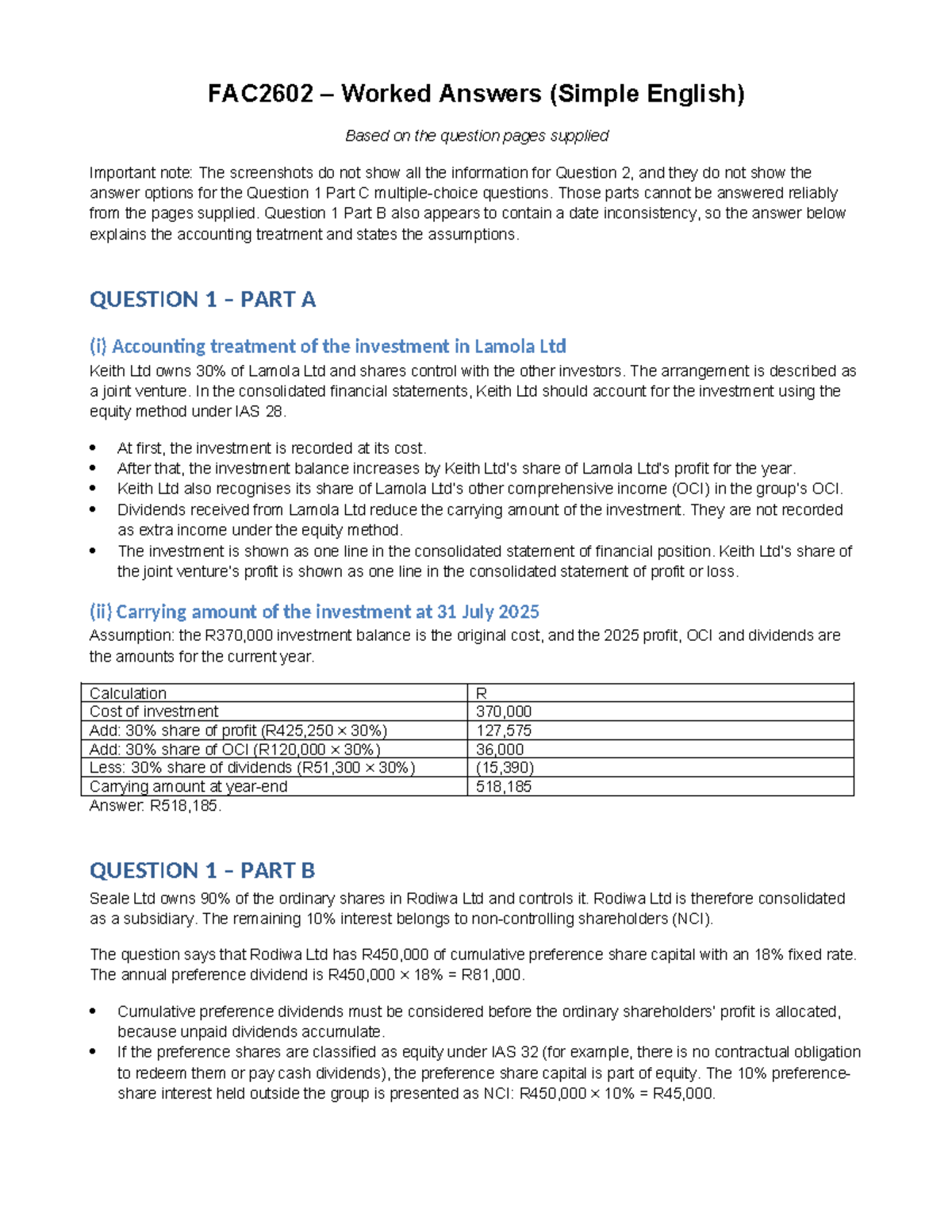 FAC2602 Worked Answers: Accounting Treatment & Consolidation Issues ...