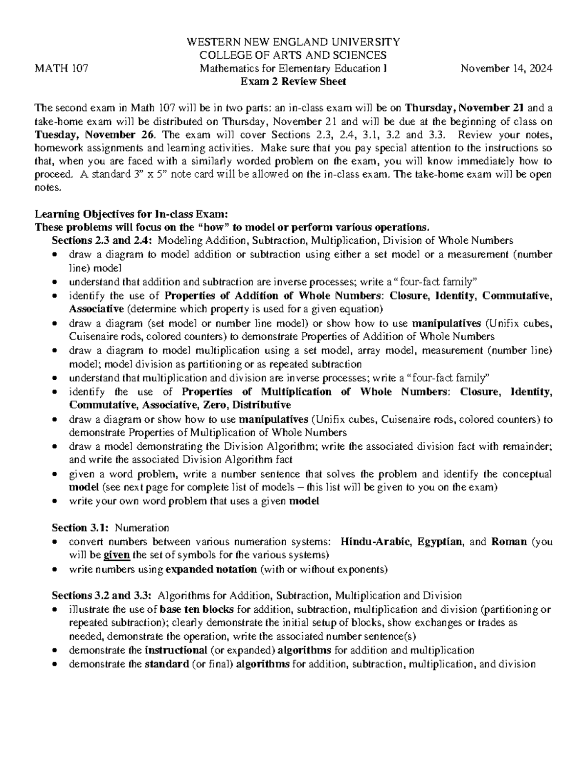 Mathematics 107 Exam 2 Review Sheet: Operations & Properties of Numbers ...