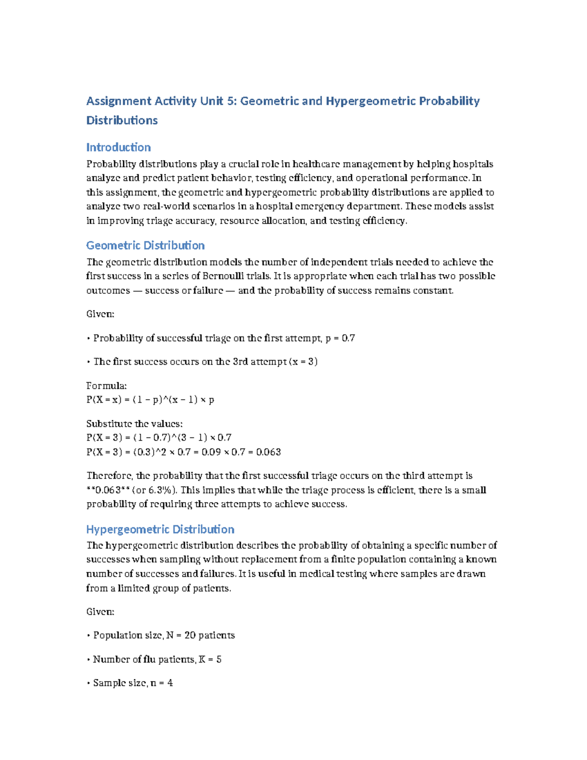 Assignment Unit 5: Geometric & Hypergeometric Probability Distributions ...