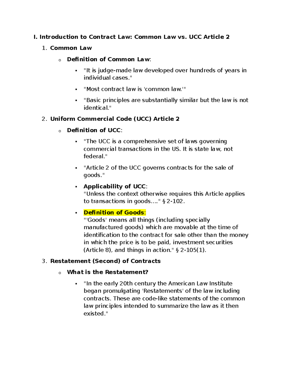 Contract Law Overview: Common Law vs. UCC Article 2 (Outline) - Studocu