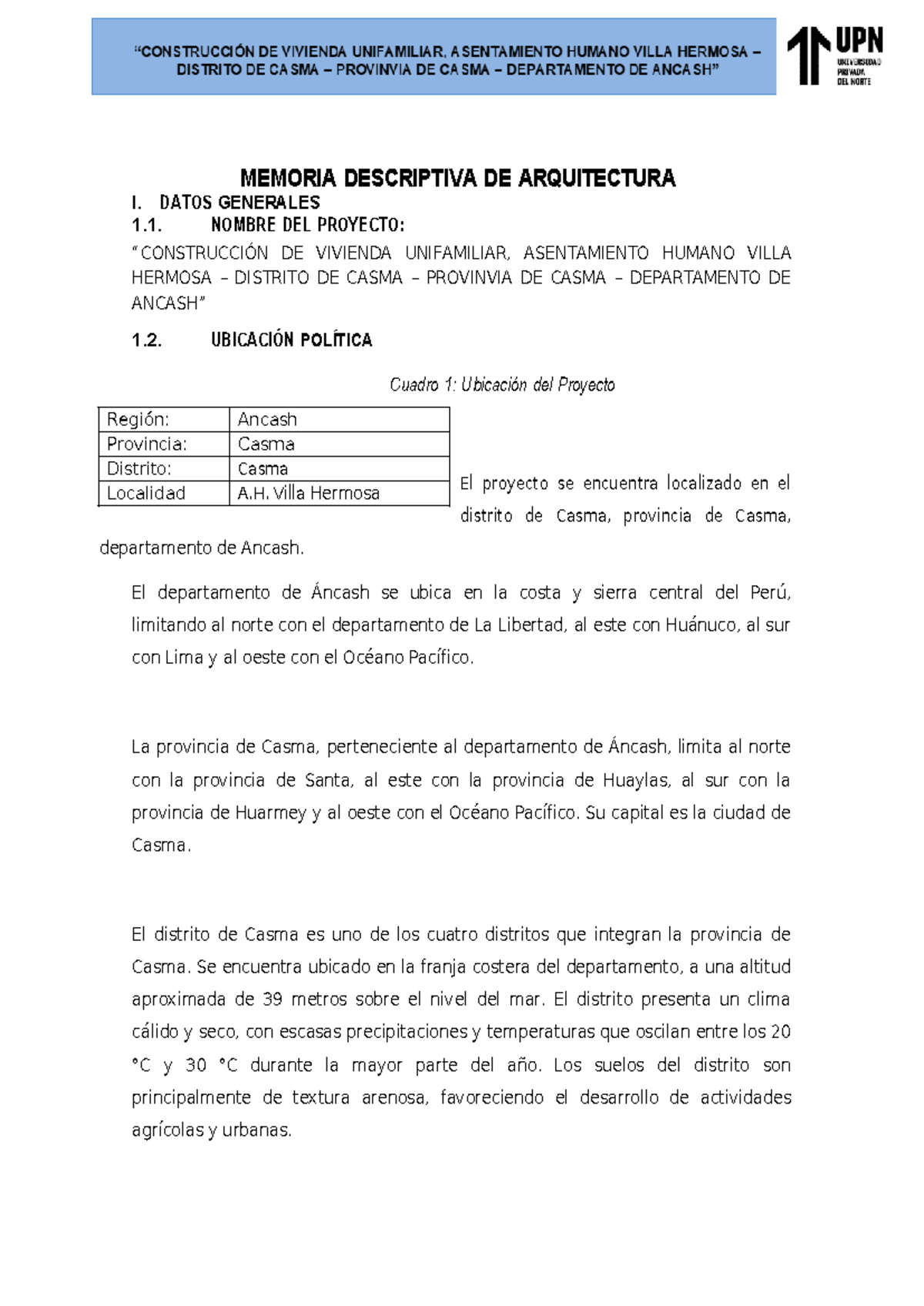 Memoria Descriptiva de Proyecto de Vivienda Unifamiliar - ARQ I - Studocu