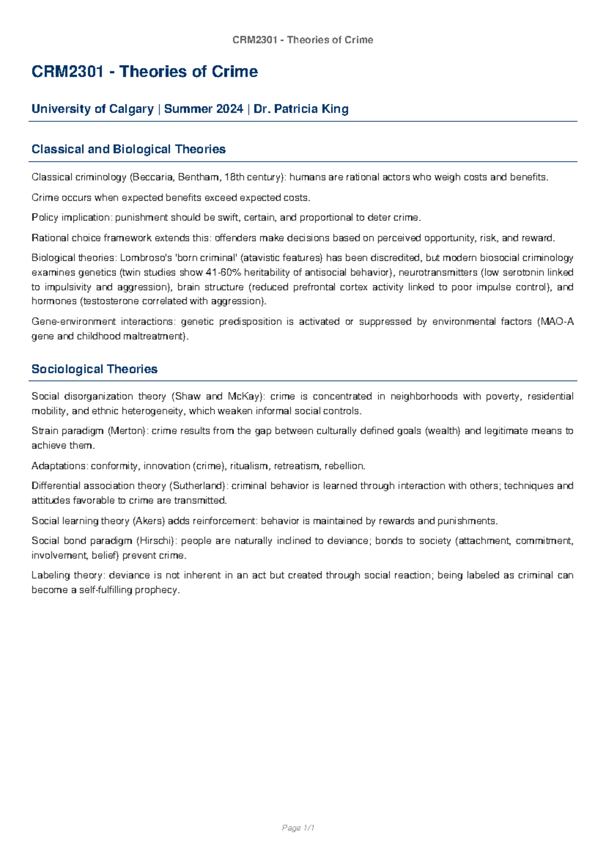 CRM2301 - Theories of Crime Overview and Key Concepts - Studocu