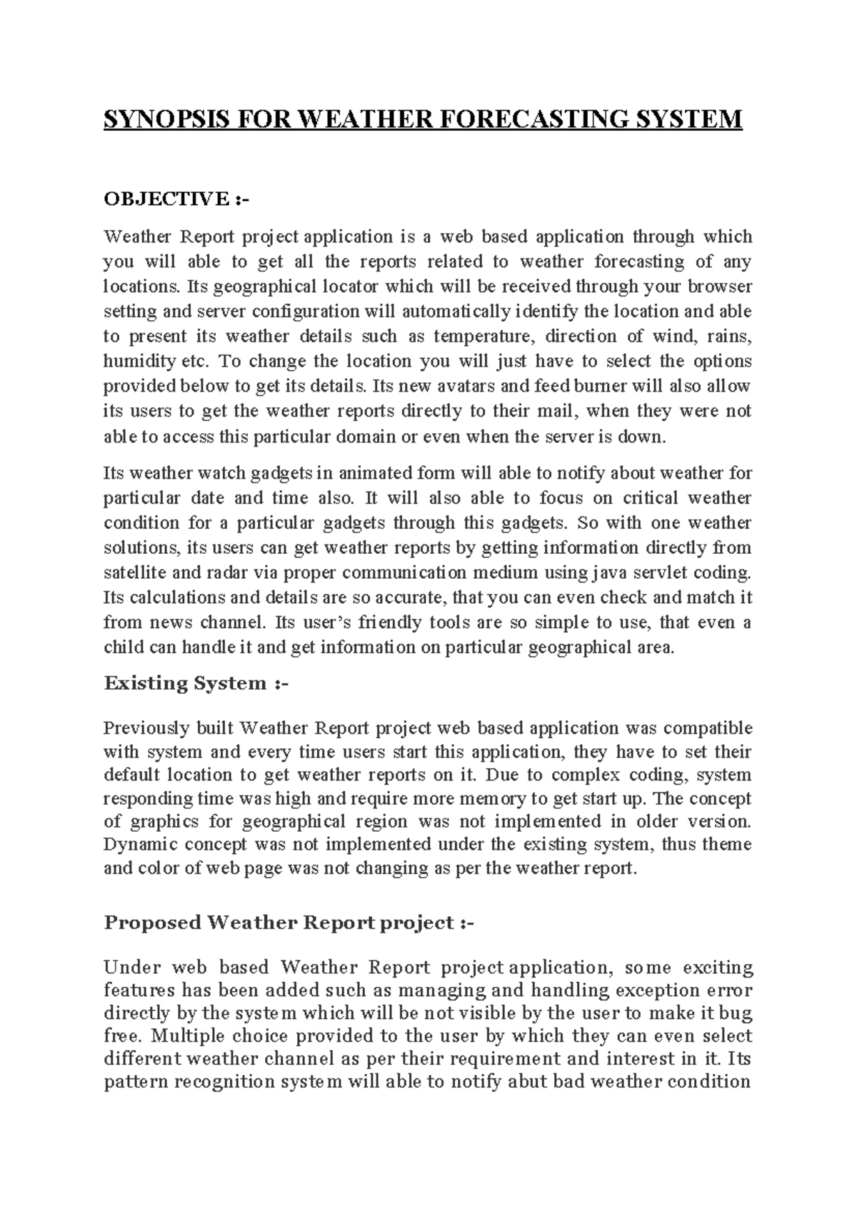 SYNOPSIS FOR WEATHER FORECASTING SYSTEM (Course Code: 472084993) - Studocu