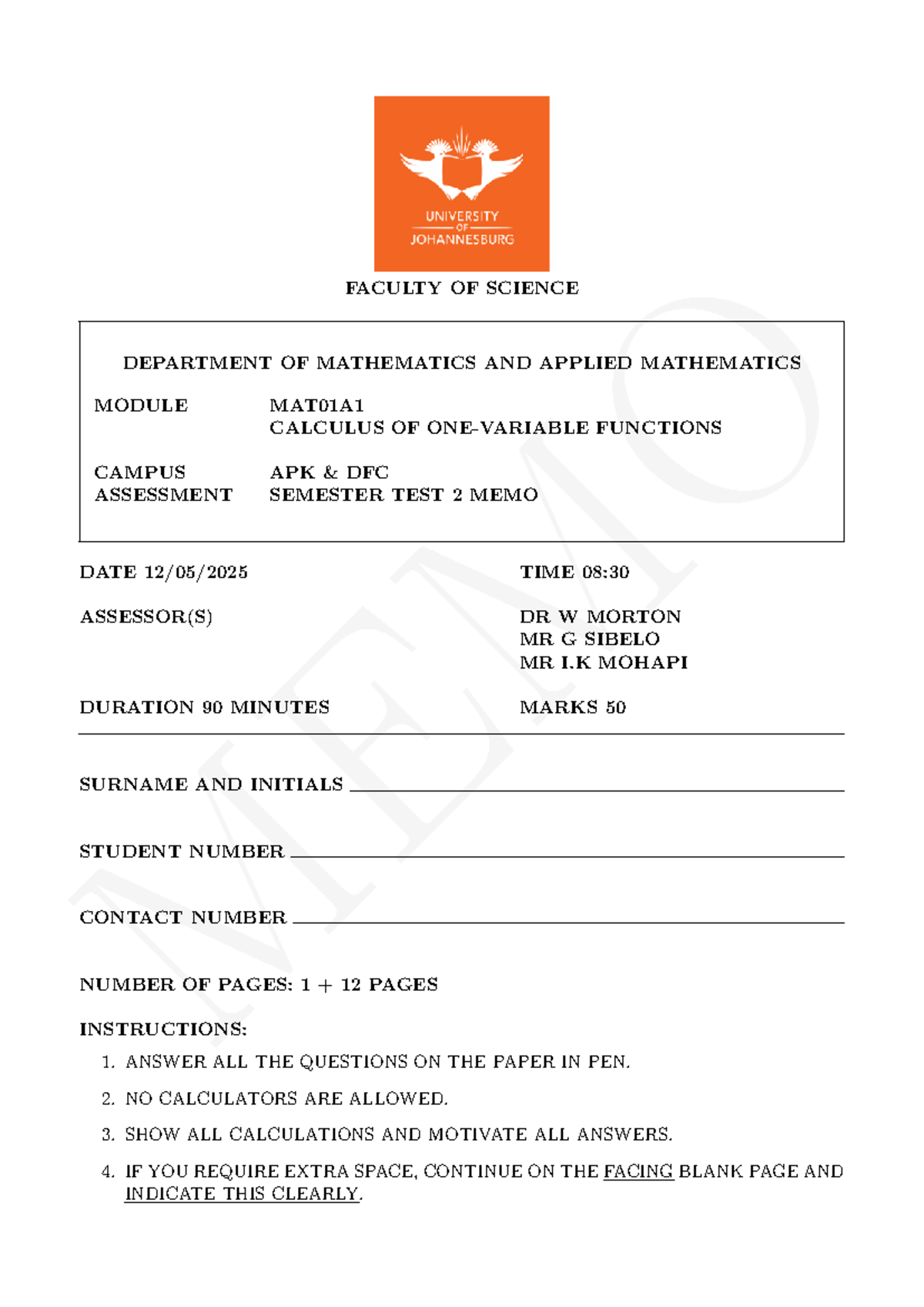 2025 MAT01A1 Calculus Functions Semester Test 2 Memo - Studocu