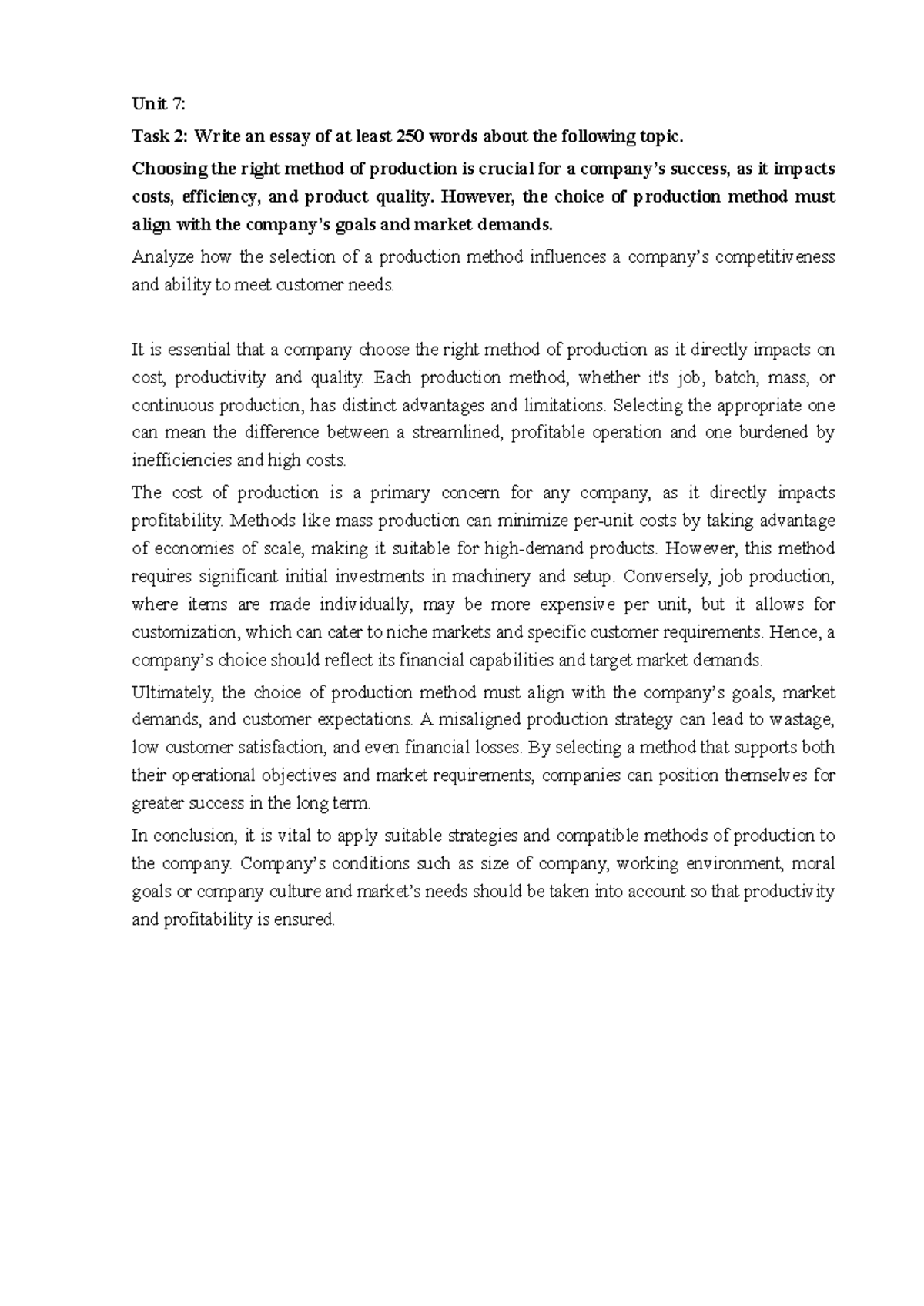 Unit 7: Task 2 essay on choosing the right production method - Studocu