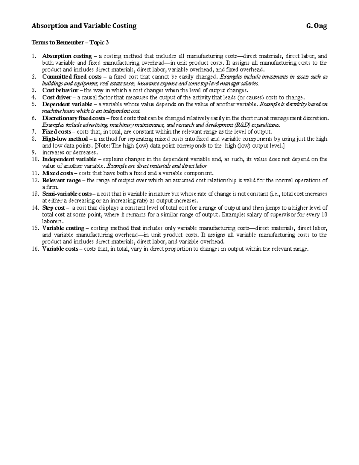 03 - Terms to Remember for Absorption & Variable Costing - Studocu