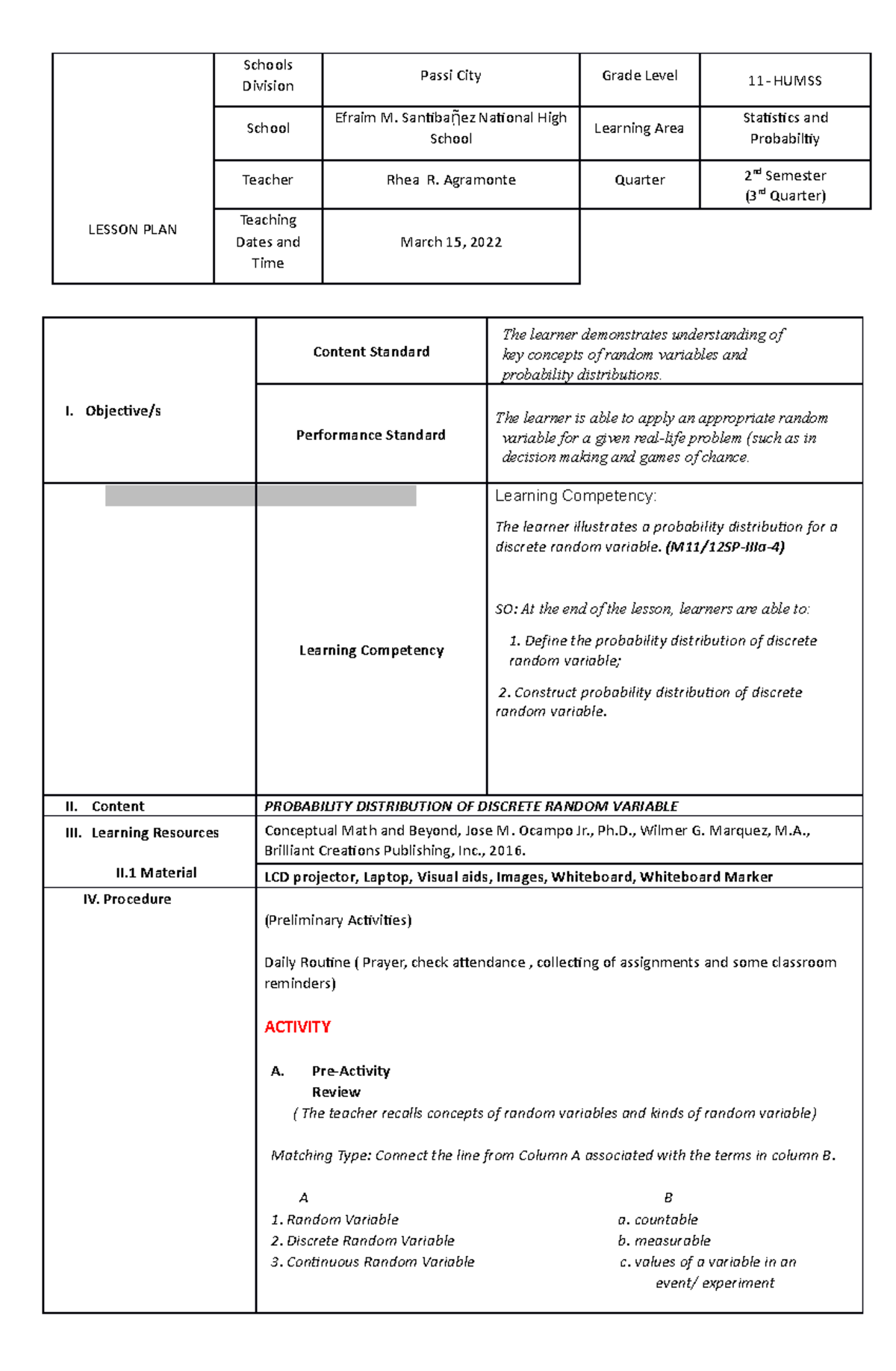 Detailed Lesson Plan for CO - Statistics and Probability (Grade 11 ...