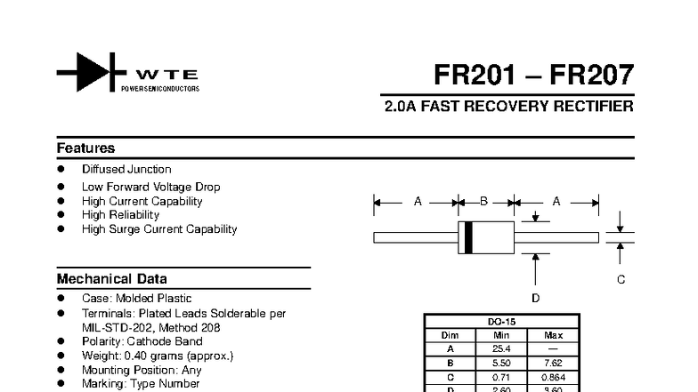 FR201 FR207 WTE Power Semiconductors 2.0A Fast Recovery Rectifier - Studocu