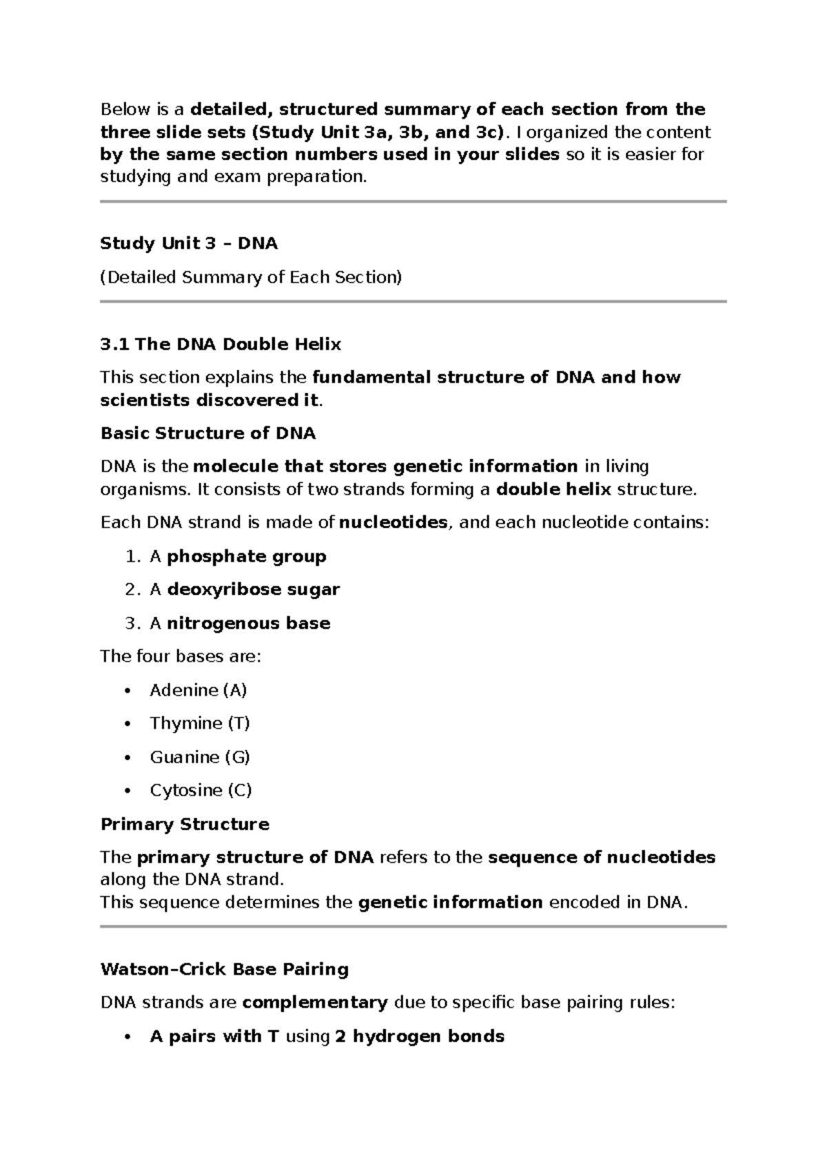 Study Unit 3: DNA Structure, Replication, and Repair Summary - Studocu