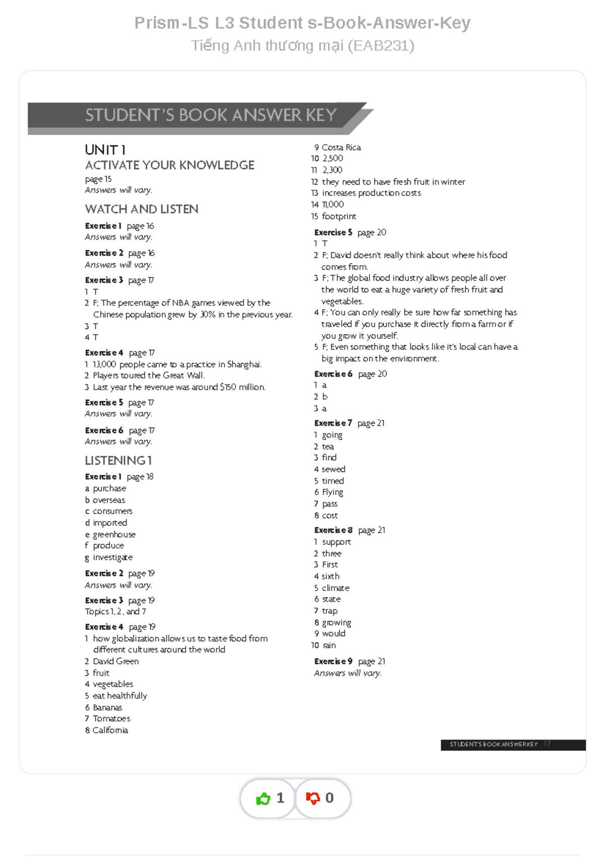 Prism-LS L3 EAB231 Student's Book Answer Key & Exercise Solutions - Studocu