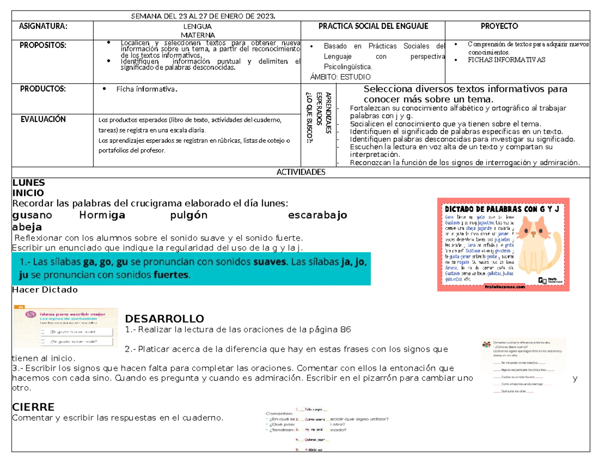 Actividades DE LA Semana DEL 23 AL 27 DE Enero DE 2023 - SEMANA DEL 23 ...