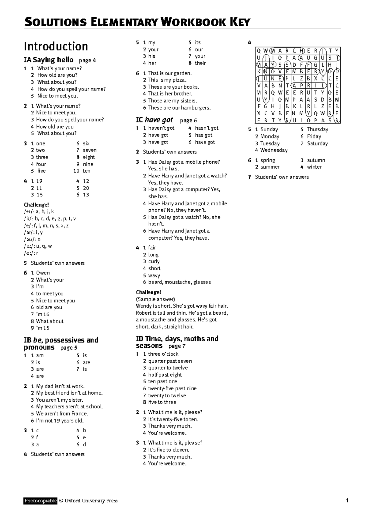 Solutions Elementary Workbook Key - Photocopiable © Oxford University ...