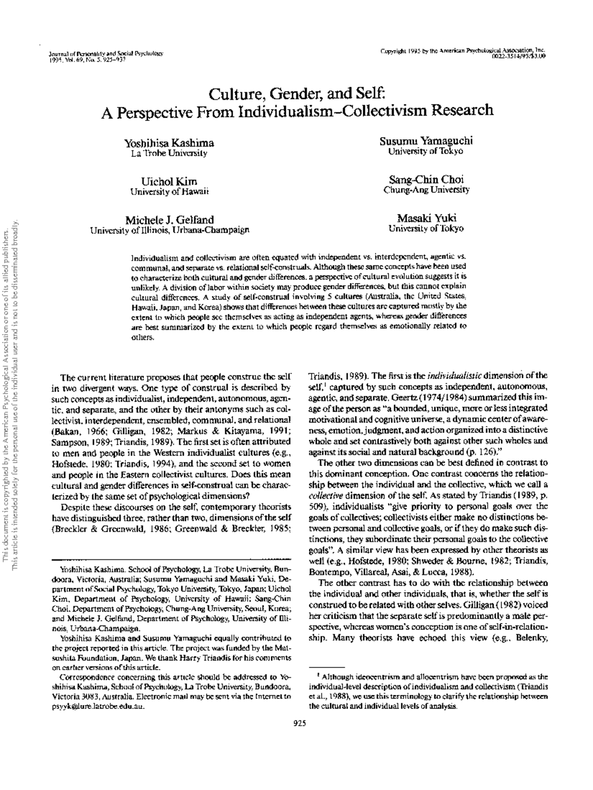 CPSY 1995: Culture, Gender, and Self in Individualism vs. Collectivism ...