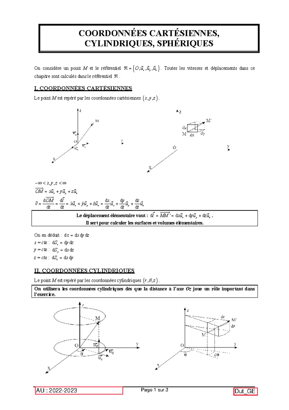 Chap1 Rappels sur Coordonnées Cartésiennes, Cylindriques, Sphériques — free download