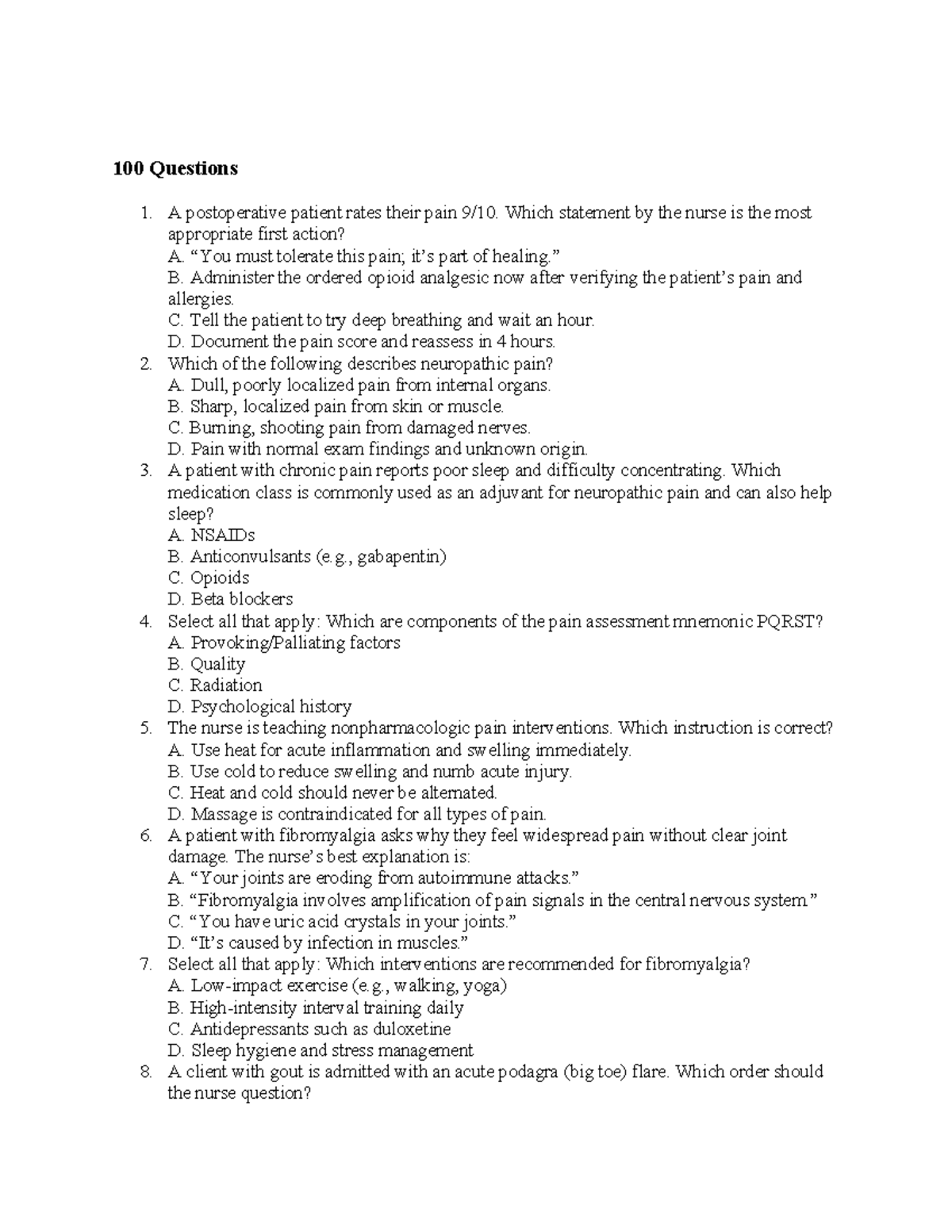 Practice Questions for Exam 2: Pain Management and Rheumatology - Studocu