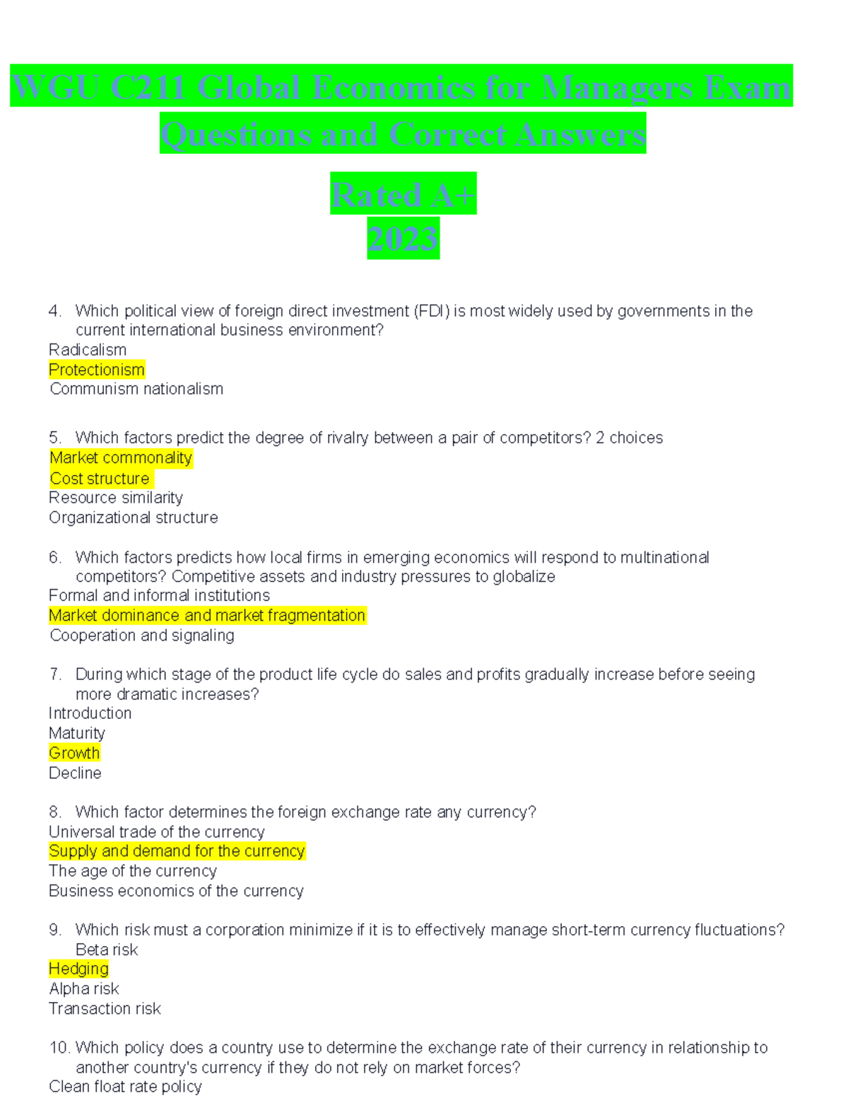 C211 Global Economics Exam: Key Questions with Answers (Rated A+) - Studocu