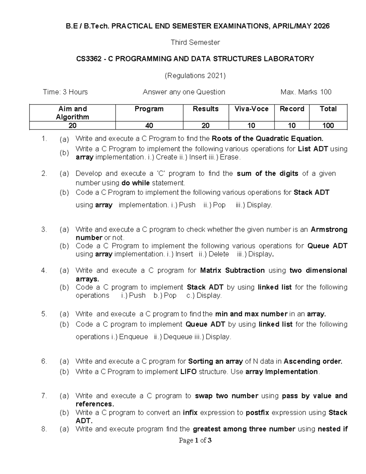 CS3362 Practical End Semester Exam Questions - C Programming Lab - Studocu