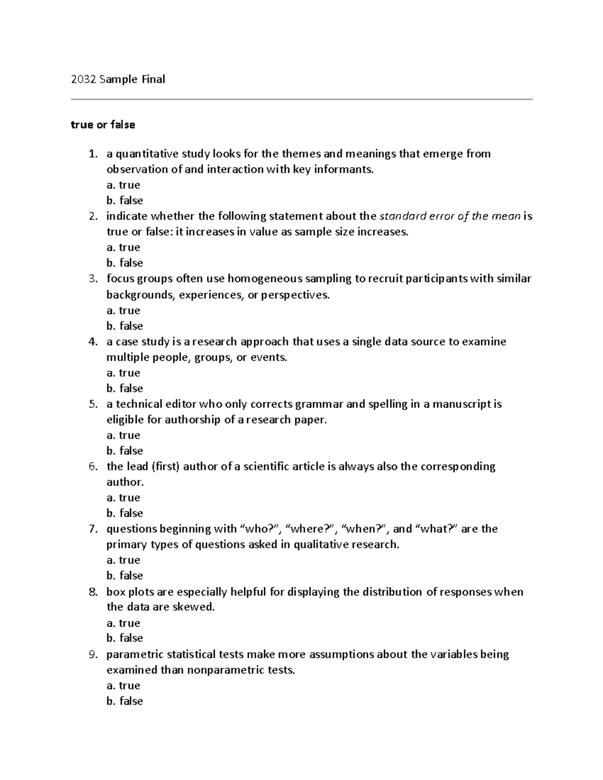 2032 Sample Final Exam: True or False Questions and Study Design - Studocu