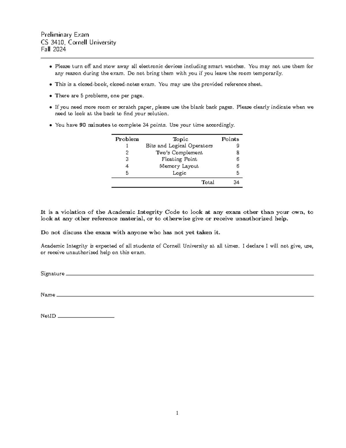 Preliminary Exam CS 3410 - Fall 2024 Guidelines and Problems - Studocu