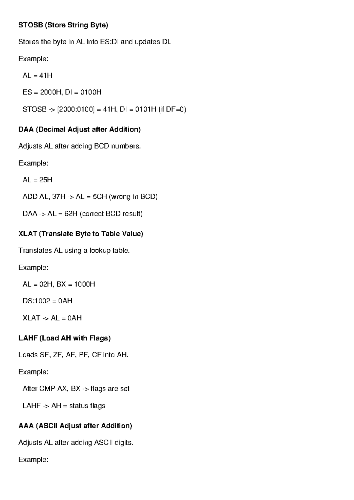 8086 Instruction Explanations with Examples: STOSB, DAA, XLAT, LAHF ...