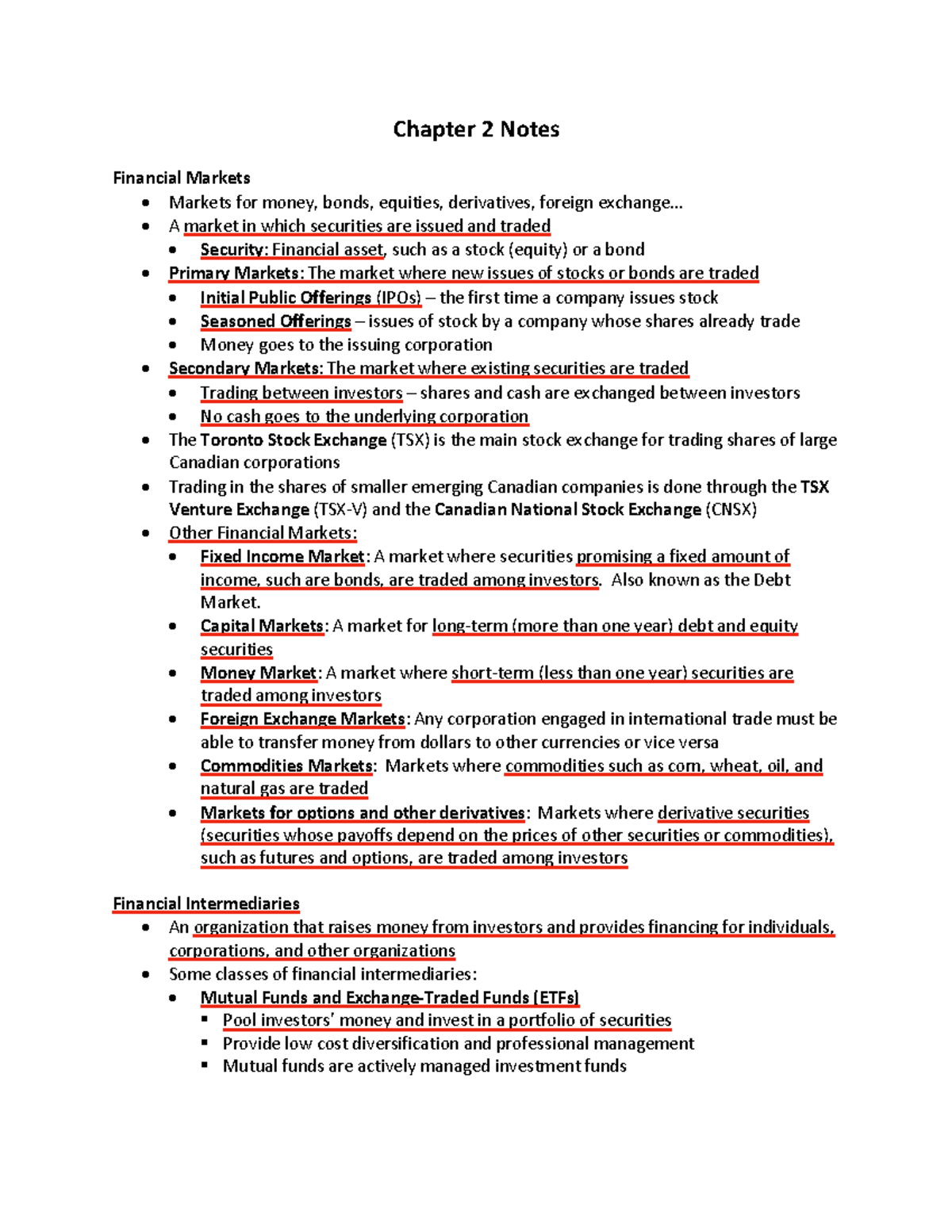 Chapter 2 Notes - Chapter 2 Notes Financial Markets - Markets for money ...