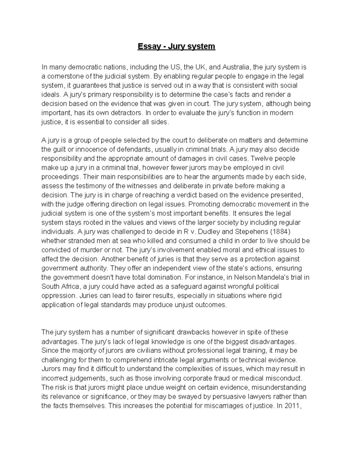 Essay on the Jury System: Analyzing Its Role in Justice - Studocu
