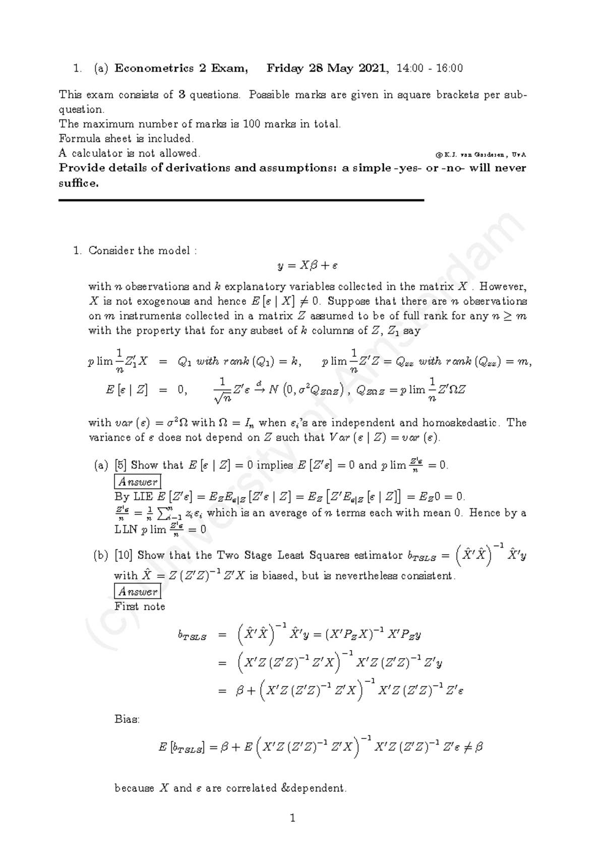 Tent EC2-2021 May Final Exam Answers on Econometrics - Studeersnel