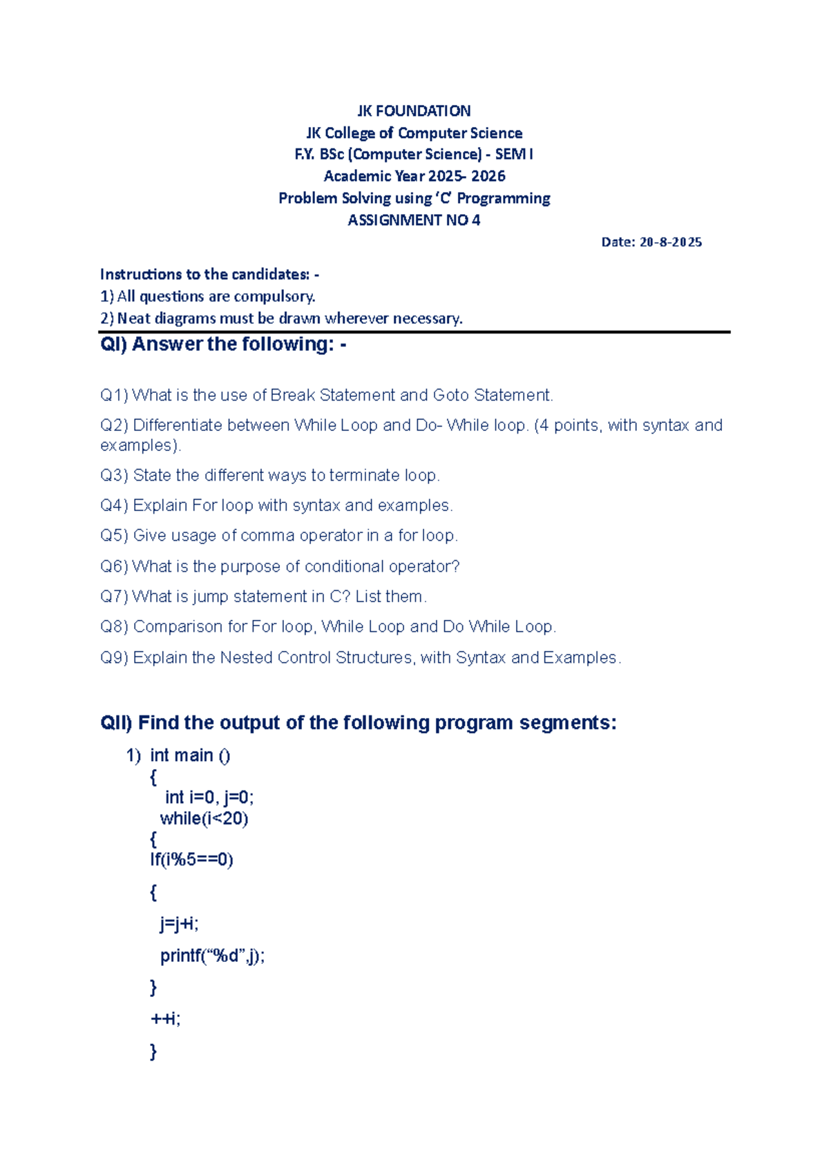 F.Y. BSc (CS) SEM I: Problem Solving Using Programming - Assignment 4 ...