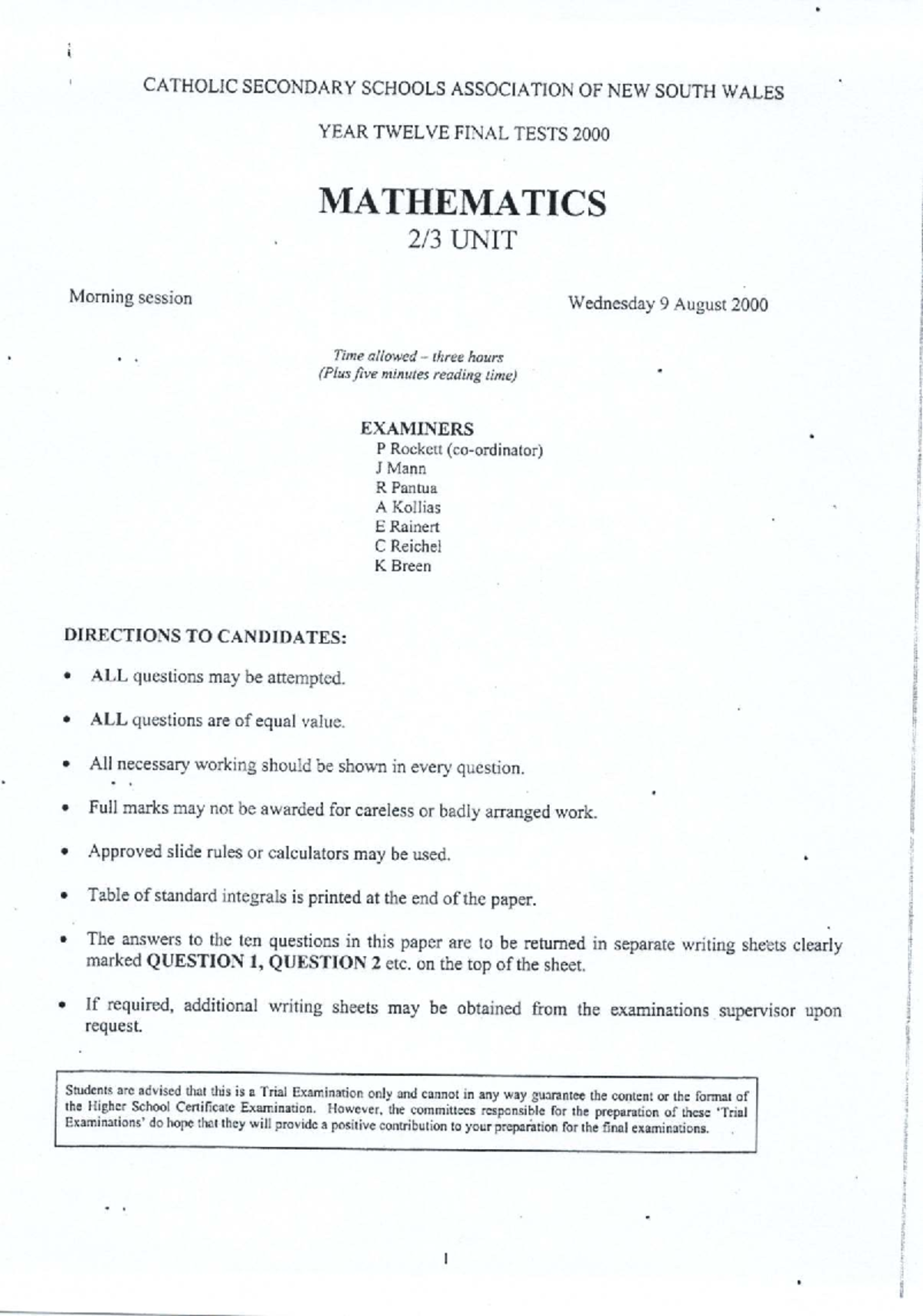 CSSA 2000 Year 12 Final Exam Mathematics Unit - Trial Paper - Studocu