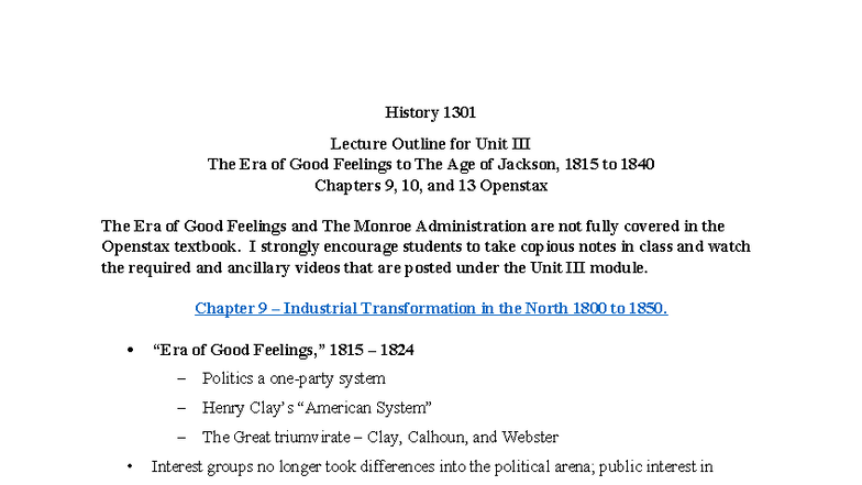 HIST 1301 Unit III Lecture Notes: The Era of Good Feelings to Jackson ...