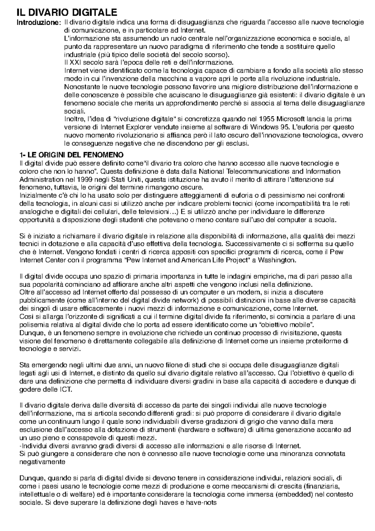 IL DIVARIO DIGITALE: Analisi e Riflessioni - Laura Sartori - Studocu